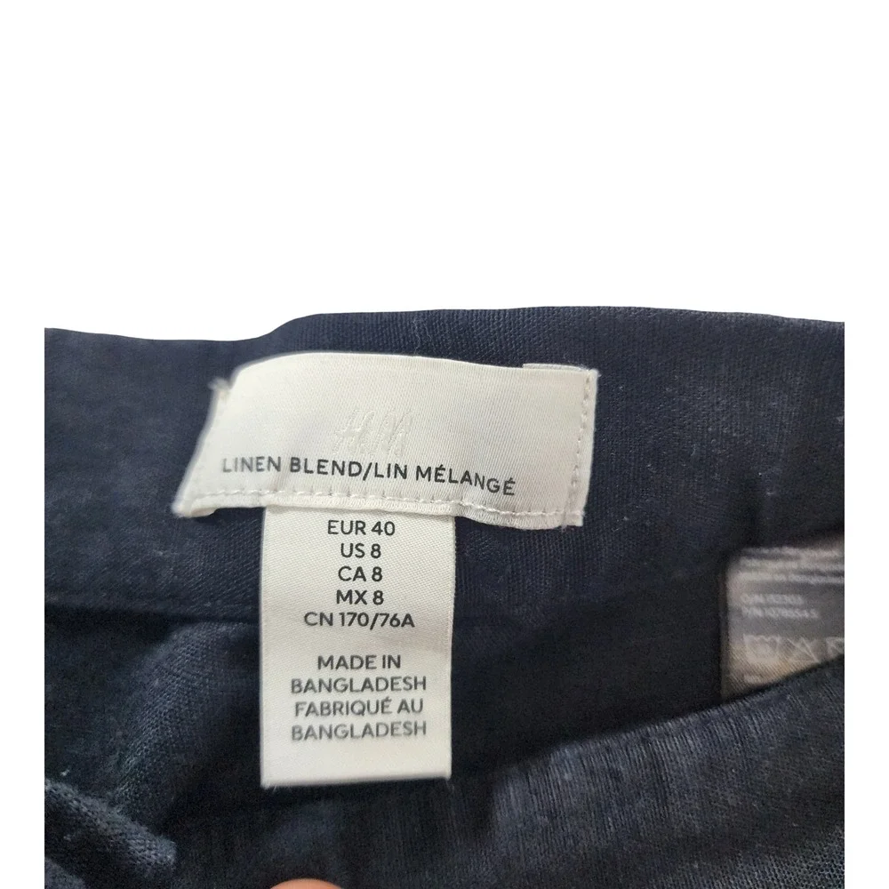 HM Linen Blend Wide Leg Trousers Navy Blue High Rise Pants Womens Size 8